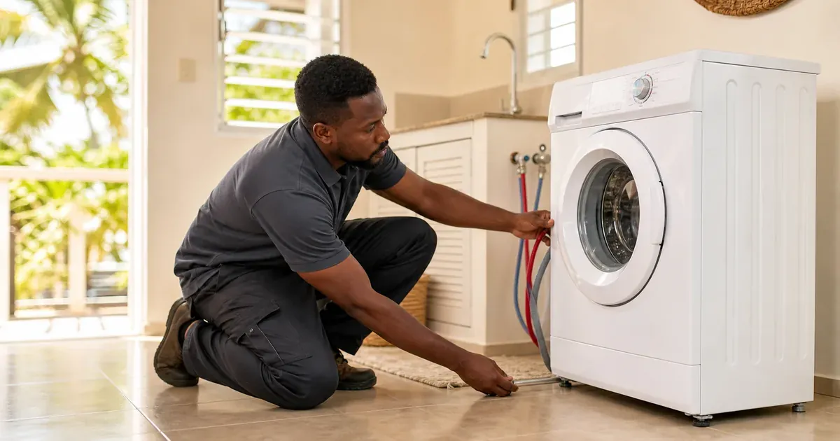 Technician installing and levelling a new appliance in a Jamaican home