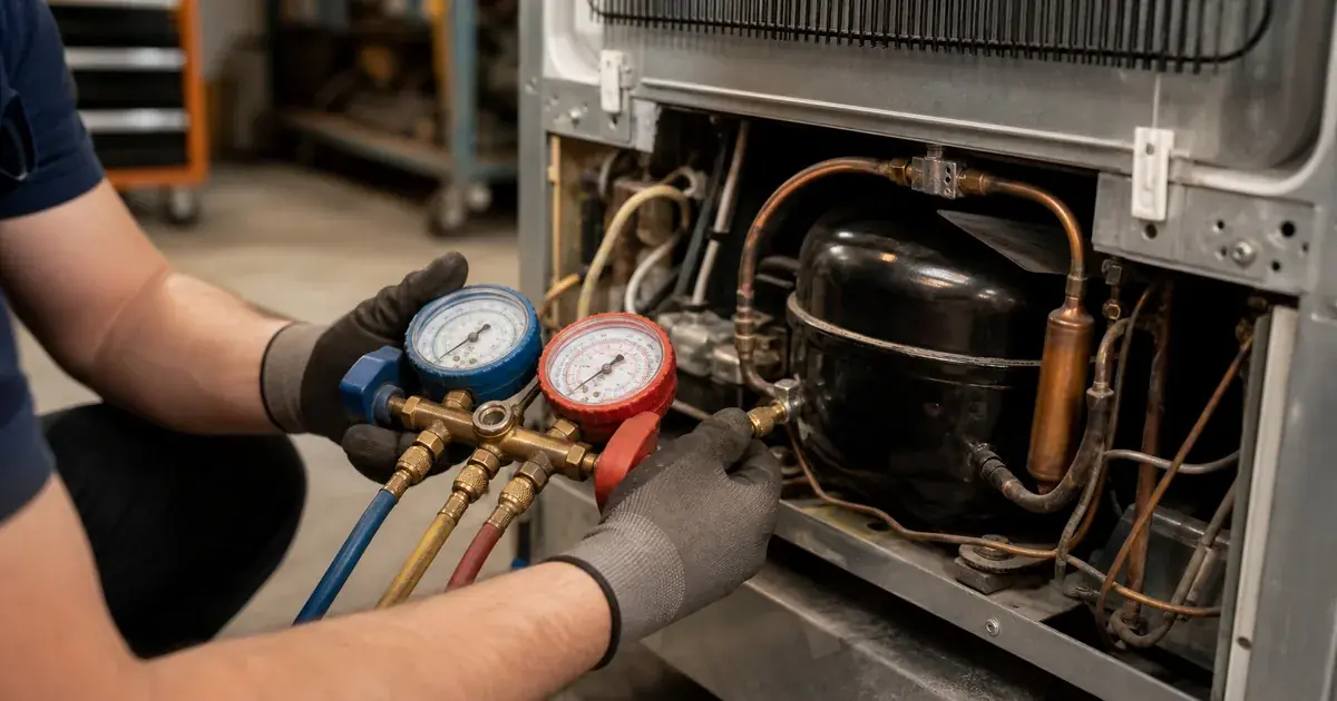 Technician servicing a refrigerator compressor and sealed system