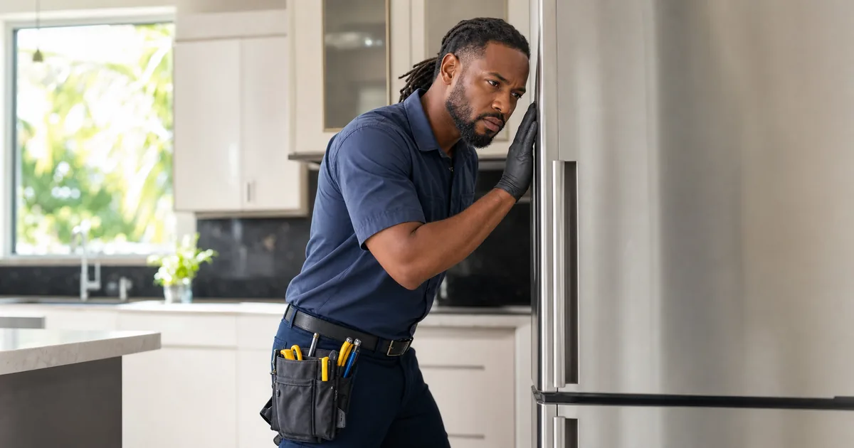 Technician listening to and diagnosing a noisy refrigerator