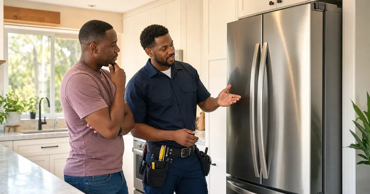 Homeowner and technician discussing whether to repair or replace an appliance