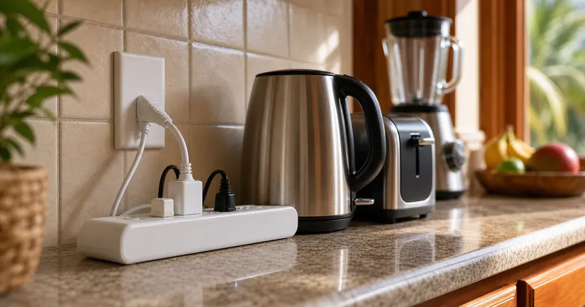 Surge protector plugged in behind a home appliance in a Jamaican kitchen
