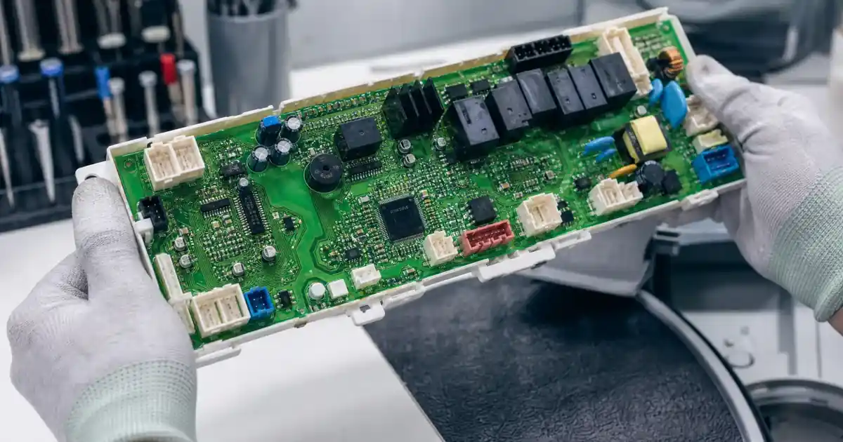 Washing machine control board removed for diagnosis and repair