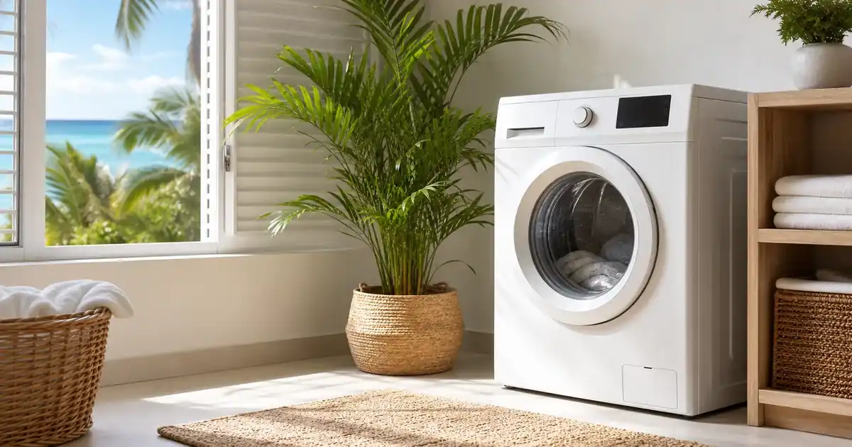 Clean, well-maintained washing machine in a bright Jamaican laundry area