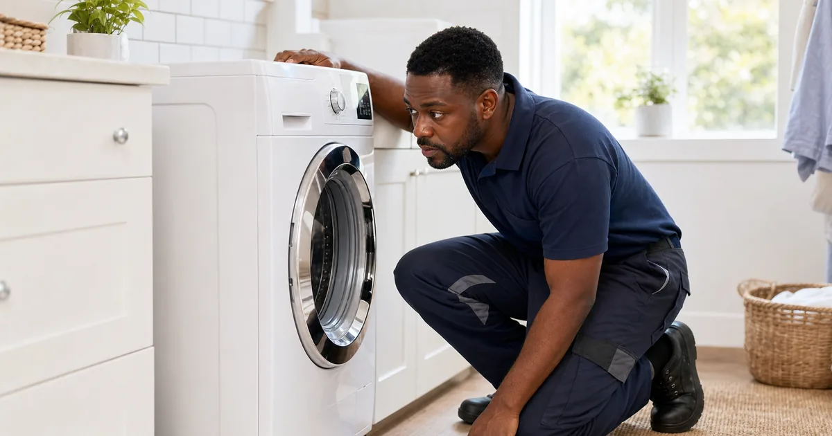 Technician diagnosing a noisy washing machine drum and bearings