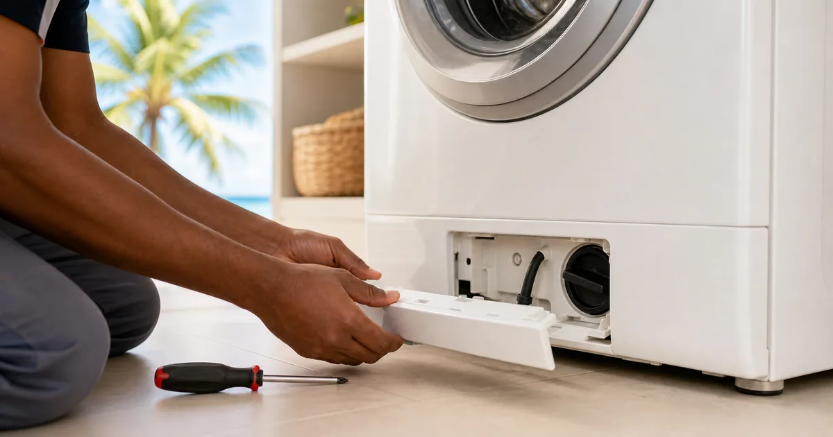 Technician inspecting the drain pump filter of a washing machine in a Kingston home