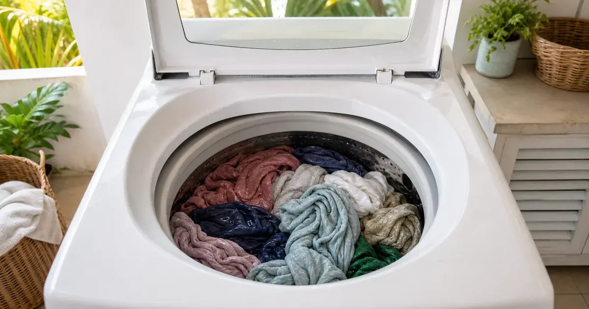 Open washing machine drum with wet laundry that failed to spin dry