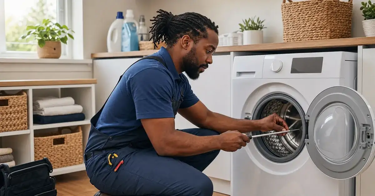 Whirlpool washing machine being serviced by a Baytech technician in Jamaica